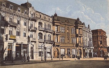 Buildings in Ovidiu Square, Constanța, c.1900-1910, demolished in the 1980s, except the Romanian Revival building from the far right side, unknown architects