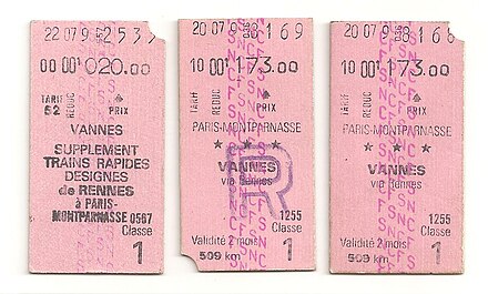 Billets SNCF Paris Montparnasse - Vannes et retour, achetés le vendredi 20 juillet 1979, utilisés le 20/07 et le 22/07. Supplément pour jour et heure de pointe. Classe 1. Recto.