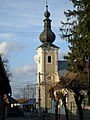 Turnul baroc al bisericii - din perspectiva străzii Cosminului