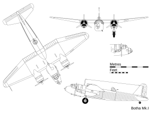 Orthographic projection of the Botha, with inset detail showing the asymmetrical nose glazing. Blackburn Botha 3-view line drawing.svg