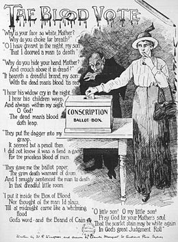A poster titled "The Blood Vote" depicting a woman pondering how she should vote on the issue of conscription, while the Australian prime minister, William Hughes, depicted as a vampire stands behind her. There is a poem included also.