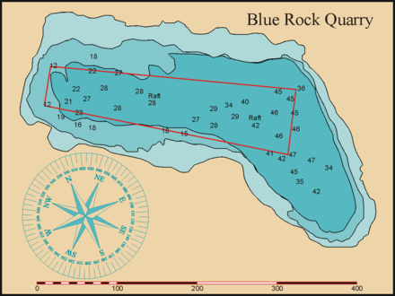 Chart of the Blue Rock Quarry showing 10 m and 20 m contours and a few spot depths. The red line indicates the overhead ski tow cable.