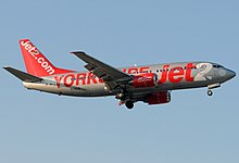 A Jet2.com Boeing 737-300 in the former livery in 2011. Boeing 737-377, Jet2 AN1978375.jpg