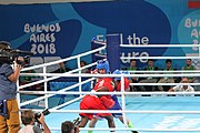 Deutsch: Boxen bei den Olympischen Jugendspielen 2018 Tag 12, 18. Oktober 2018 - Finale Fliegengewicht Mädchen – Martina La Piana (Italien, blau) schlägt Adijat Gbadamosi (Nigeria, rot) 5-0; Ringrichter ist James Beckles (Trinidad und Tobago). English: Boxing at the 2018 Summer Youth Olympics on 18 October 2018 – Girl's flyweight Gold Medal Bout - Martina La Piana (Italy, blue) beats Adijat Gbadamosi (Nigeria, red) 5-0; Referee is James Beckles (Trinidad and Tobago). Español: Boxeo en los Juegos Olímpicos Juveniles de Verano de 2018 en 18 de octubre de 2018 - Combate a medalla de oro de peso mosca para mujeres: Martina La Piana (Italia, azul) le gana a Adijat Gbadamosi (Nigeria, roja) 5-0; El árbitro es James Beckles (Trinidad y Tobago).