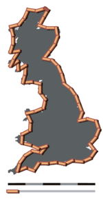 An example of the coastline paradox. If measured using an interval of 125 mi (200 km), the coast of Great Britain has a length of about 1,500 mi (2,400 km). Using an interval of 30 mi (50 km), the length is about 2,100 mi (3,400 km).