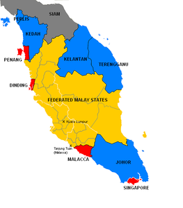 Нефедерированные малайские государства на карте изображены синим цветом, британская коронная колония Стрейтс Сетлментс — красным, Федерированные малайские государства — жёлтым