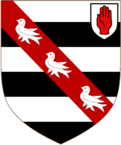 Arms of Burdett of Burthwaite: Barry of six argent and sable on a bend gules three martlets of the first Burdett Escutcheon.png