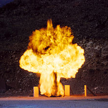 A detonation within a blast-resistant trash receptacle using a large C-4 explosive charge C4 explosion.jpg