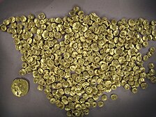 A hoard of Celtic coins (Regenbogenschusselchen
) found at Manching. Celtic find of golden coins in Manching in Germany.jpg