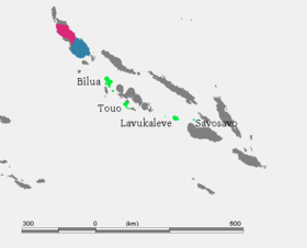 Střední šalomounské jazyky vyznačeny zeleně na mapě Šalomounových ostrovů