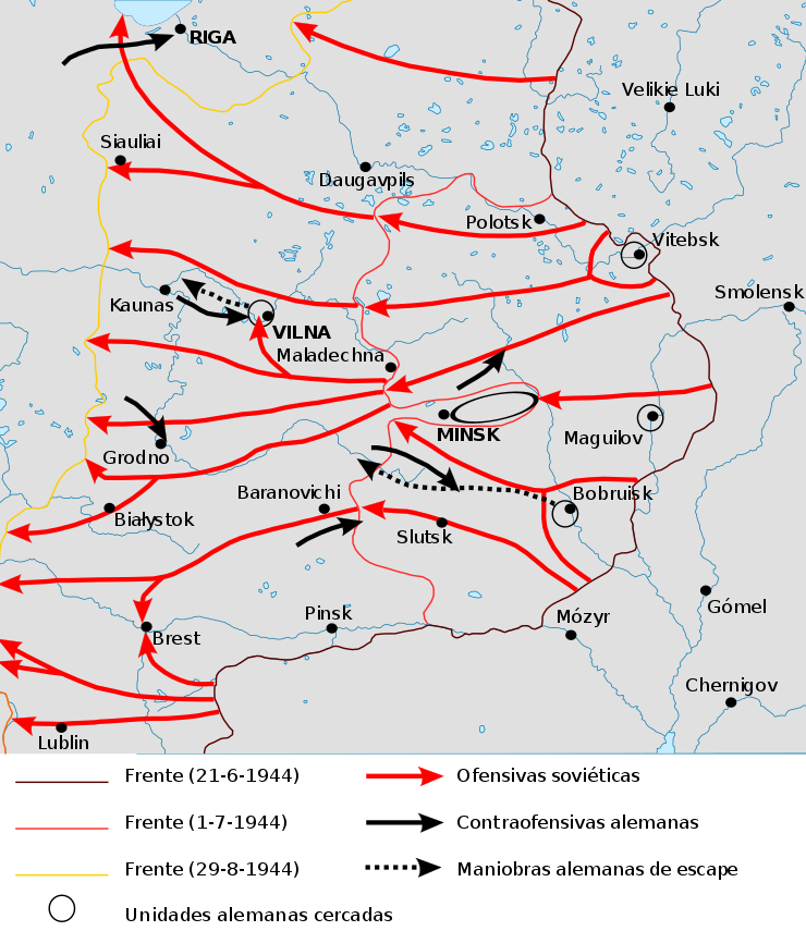 Mapa panorámico del desarrollo de la Operación Bagratión del 22 de junio al 29 de agosto de 1944. Los primeros avances soviéticos se muestran en color rojo, los avances soviéticos posteriores se muestran en naranja. Los contraataques alemanes se muestran en negro.