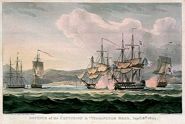 HMS Centurion repelling Marengo at the Battle of Vizagapatam (the battle occurred at a far greater range than depicted).