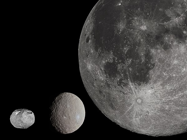 Vesta (left), with Ceres (center) and the Moon (right) shown to scale