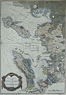 Kort, der viser en kyst med to aflange øer til venstre.