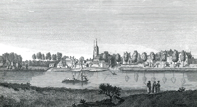 Chiswick from the river, in Walter Harrison's History of London, 1775 Chiswick from the river Harrison's History of London c. 1775.png