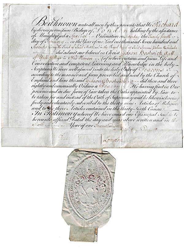 A certificate of ordination (with seal) given at Westminster by Richard Terrick, Bishop of London, 24 February 1770. The arms on the seal are blazoned