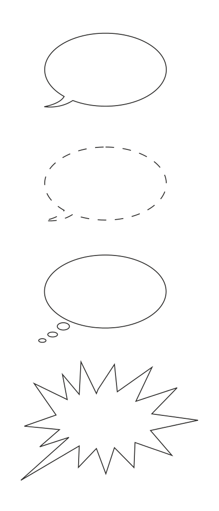The four most common speech balloons, top to bottom: speech, whisper, thought, scream.