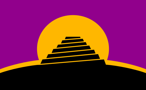 The Conlang Flag, a symbol of language construction created by subscribers to the CONLANG mailing list, which represents the Tower of Babel against a rising sun.[1]