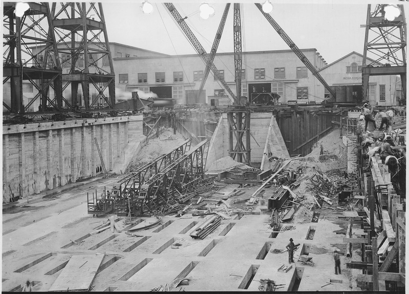 File:Construction of shipbuilding dock, view from east end of Cross Trestle. Looking NW. - NARA - 299637.tif