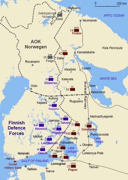 Finnish, German and Soviet military formations at the start of the Continuation War in June and July 1941