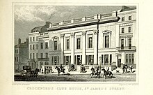 An 1828 illustration of Crockford's Crockford's Club House, St James's Street - Shepherd, Metropolitan Improvements (1828), p283.jpg