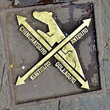 Plaque in Cusco indicating the directions of the 4 regions (suyus) of the Inca Empire. Note that north is towards the top of this image Cusco plaque with the directions of 4 suyus DSC 4834.jpg