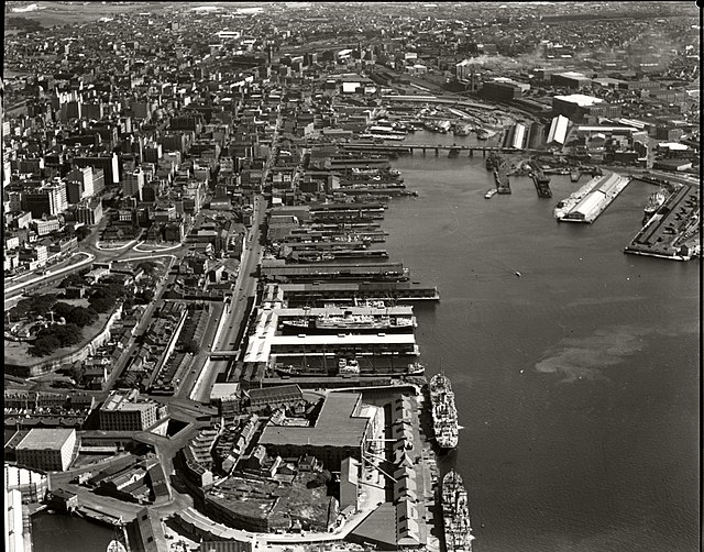Aerial view of the wharves in 1937