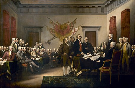 Amerikan Bağımsızlık Bildirgesi'nin kongrede tartışılması. Beş adam, bildiri hakkında çalışmalarını kongreye sunuyor.(Üreten:John Trumbull)