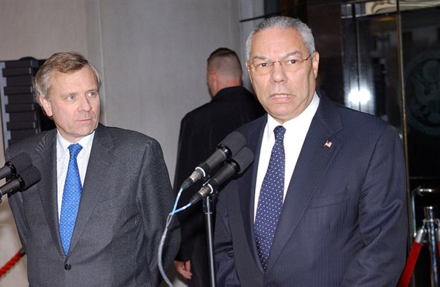 Secretary General of NATO Jaap de Hoop Scheffer and United States Secretary of State Colin Powell during a press conference at the Harry S Truman Buil