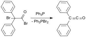 Synthesis of diphenylketene by debromination Diphenylketen Synthese durch Debromierung.svg