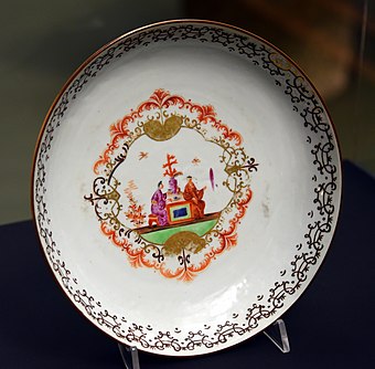 Dish with a Chinoiserie design. Porcelain decorated in overglaze enamels. 1735-1740 CE. From Jingdezhen, China; possibly decorated in Canton (Guangzhou). Victoria and Albert Museum, London.