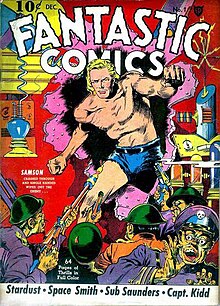 A common comic-book cover format displays the issue number, date, price and publisher along with an illustration and cover copy which may include a story's title. Fantastic Comics 1.jpg