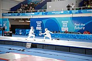 Deutsch: Fechten bei den Olympischen Jugend-Sommerspielen 2018: Tag 1, 7. Oktober 2018, Jungen, Säbel, Kampf um Bronze - Mazen Elaraby (EGY) - Robert Vidovszky (USA) 15:10 English: Fencing at the 2018 Summer Youth Olympics at 7 October 2018 – Boys' sabre Bronze medal match – Mazen Elaraby (EGY) Vs Robert Vidovszky (USA) 15:10