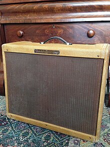 1955 Twin-Amp, model 5E8. Dual rectifiers and 6L6 power tubes, twin 12" speakers. Fender Twin Amp.jpg