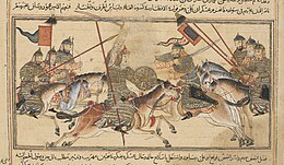 Sabuktigin's son, Mahmud fights Abu Ali Simjuri, folio from Jami' al-tawarikh by Rashid al-Din Hamadani Fighting between Mahmud of Ghazni and Abu 'Ali Simjuri.jpg