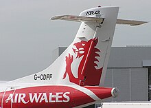 The tailfin of an Air Wales ATR 42 aircraft displaying a Welsh Dragon (2004). Flagofwales.atr42.arp.750pix.jpg