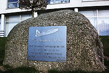 Memorial plaque honoring the world's first jet flight from Heinkel's "Marienehe" factory airfield, in today's Rostock-Schmarl district Gedenkstein Ohain.JPG