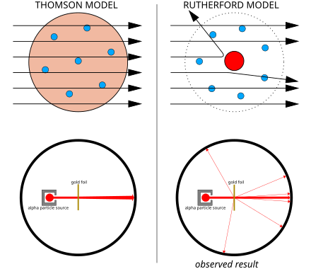 Left: Had Thomson's model been correct, all the alpha particles should have passed through the foil with minimal scattering.
Right: What Geiger and Marsden observed was that a small fraction of the alpha particles experienced strong deflection. Geiger-Marsden experiment expectation and result.svg