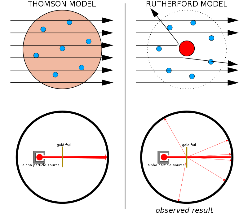 The Geiger–Marsden experiment Left: Expected results: alpha particles passing through the plum pudding model of the atom with negligible deflection. Right: Observed results: a small portion of the particles were deflected by the concentrated positive charge of the nucleus.