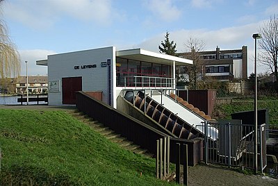 Pumping station in Zoetermeer, Netherlands: The polder lies lower than the surrounding water on the other side of the dike. The Archimedes' screws are clearly visible.