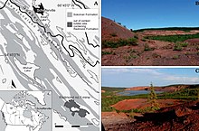 Geologische Karte der Redmond- und Sokoman-Formationen, Kanada mit Aufschlüssen der Redmond-Formation.jpg