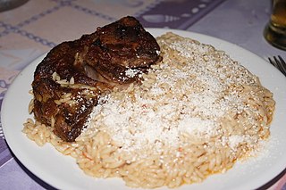 Giouvetsi or youvetsi is a Greek dish made with chicken, lamb or beef and pasta, either kritharaki (orzo) or hilopites, and tomato sauce. Other common ingredients include onions/shallots, garlic, beef stock, and red wine. It is characteristically baked in a clay pot, a güveç, and served with grated cheese.