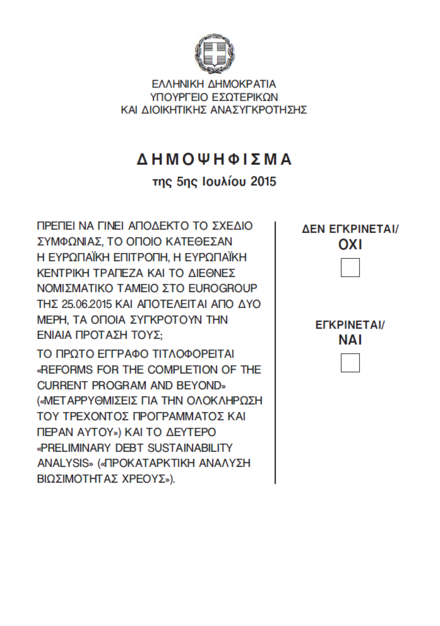 Ballot paper used in the referendum (OKhI = No, NAI = Yes) Greece 2015 referendum ballot.png