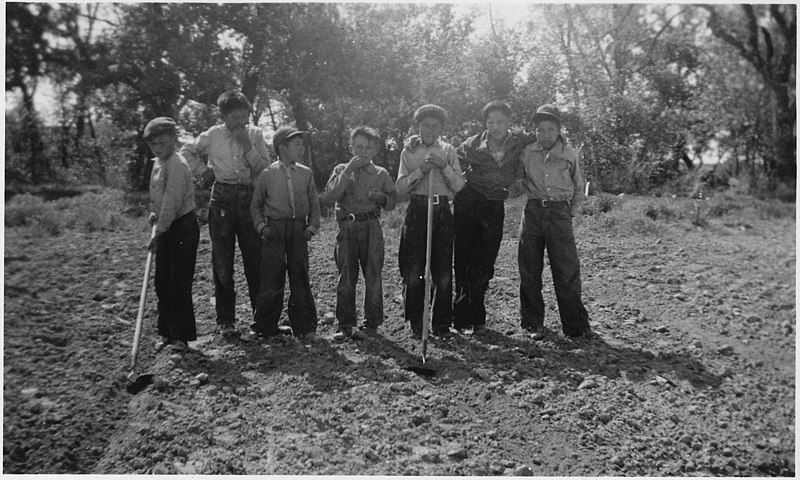 File:Group of boys with hoes standing in the unplanted garden - NARA - 285528.jpg