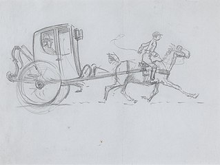 A Man in an enclosed Carriage being pulled by a Horse with a Rider