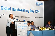 Harsh Vardhan addressing at the celebrations of the Global Handwashing Day, in New Delhi on October 15, 2014. The Secretary (Health), Shri Lov Verma and the WHO Representative to India, Dr. Nata Menabde are also seen.jpg