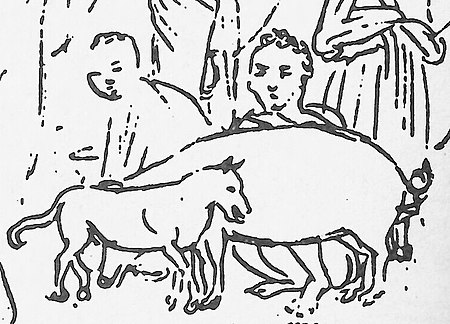 Hawaiian natives wearing kihei, with animals, sketch by Louis Choris (crop, central dog).jpg