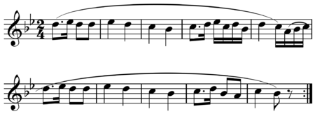 Period (two five-bar phrases) in Haydn's Feldpartita. Play (help*info)
The second phrase is distinguished by an authentic cadence answering the half cadence at the end of the first phrase. Note the use of slurs by the composer to indicate the intended phrasing. Haydn - Feldpartita period.png