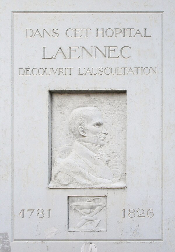 Laennec's memorial tablet in the front of the old hospital. "Here, Laennec discovered the Stethoscope".