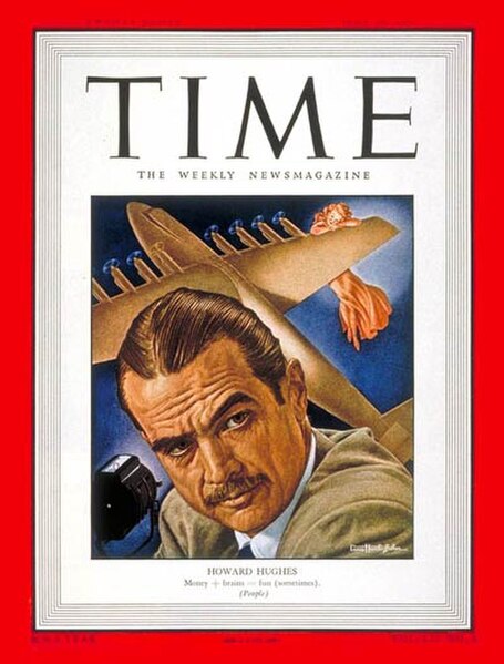 Hughes on the cover of Time magazine, July 1948 (with the Hughes H-4 Hercules in the background)